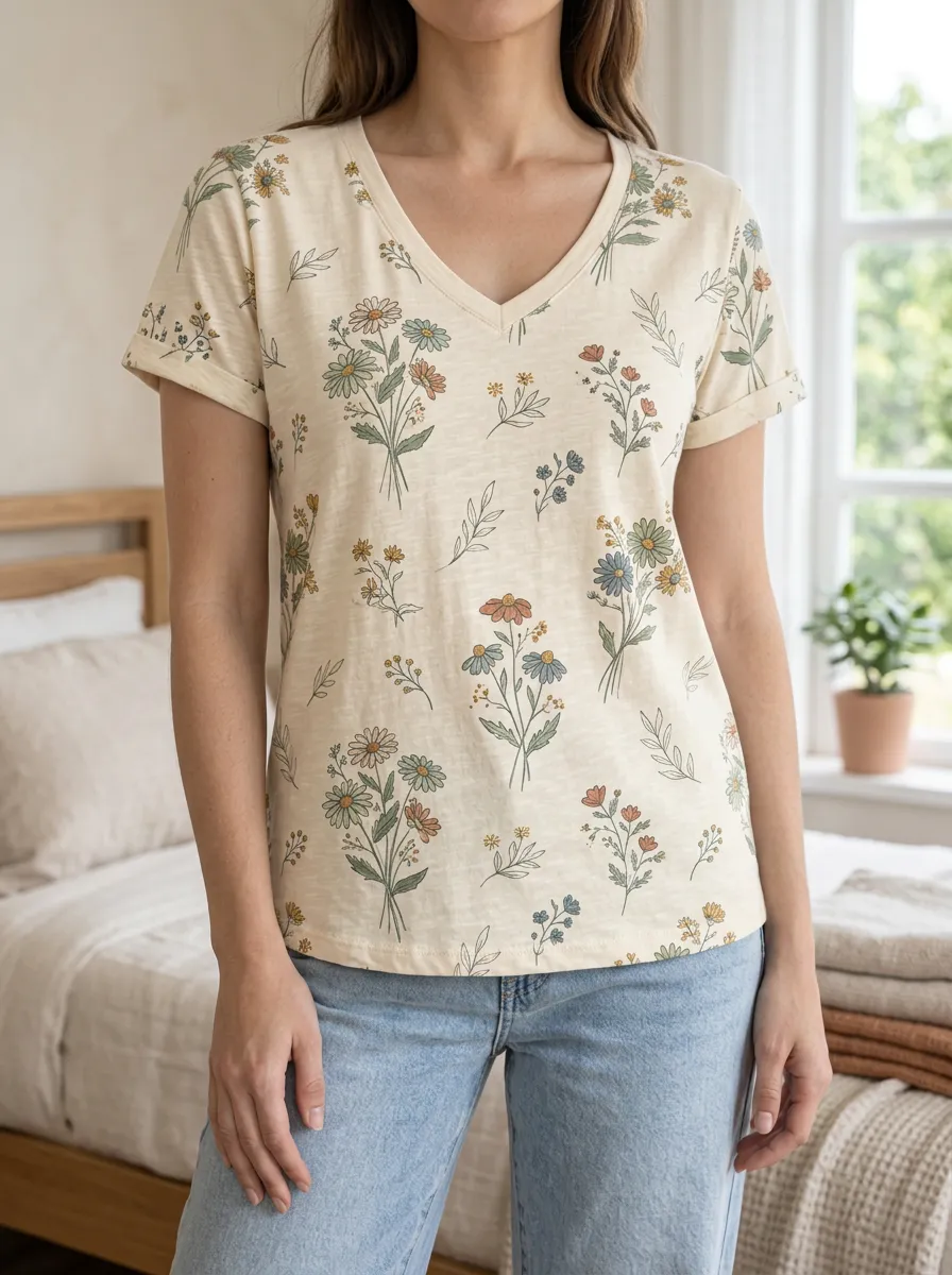 Women's Garden Botanical Floral Lover Wildflower V-Neck T-Shirt