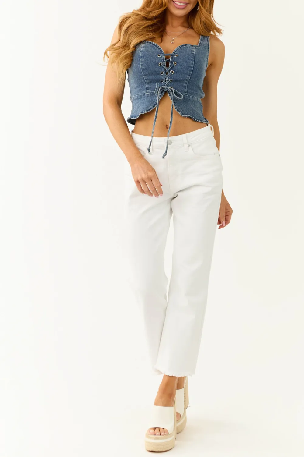 Medium Dark Wash Denim Lace Up Top