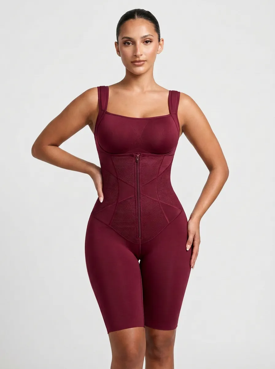 Women's Burgundy Zipper Front Tummy Control Sculpting Bodysuit