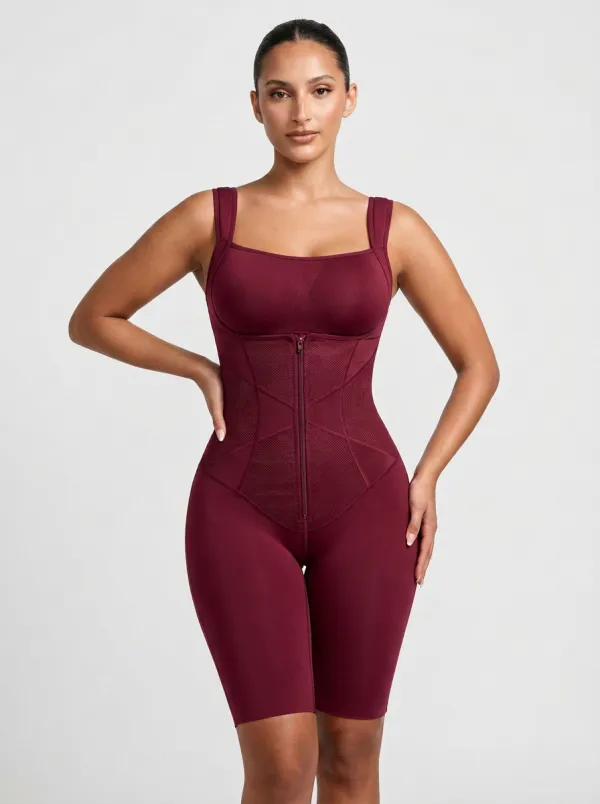 Women's Burgundy Zipper Front Tummy Control Sculpting Bodysuit