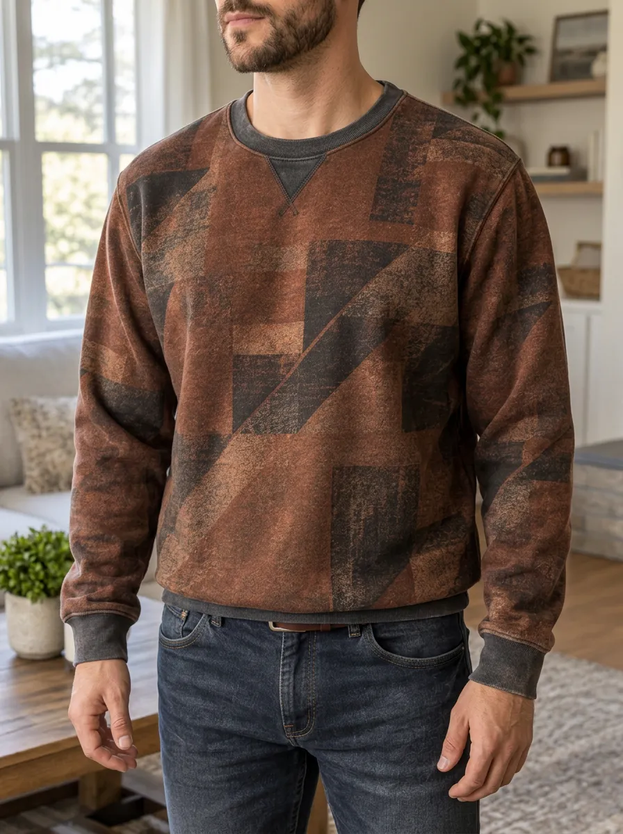 Men's Geometric Pattern Brown Distressed Printed Sweatshirt