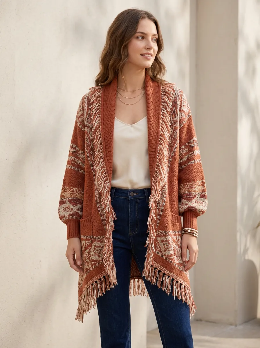 Women's Rust Patterned Fringe Open-Front Cardigan Relaxed-Fit