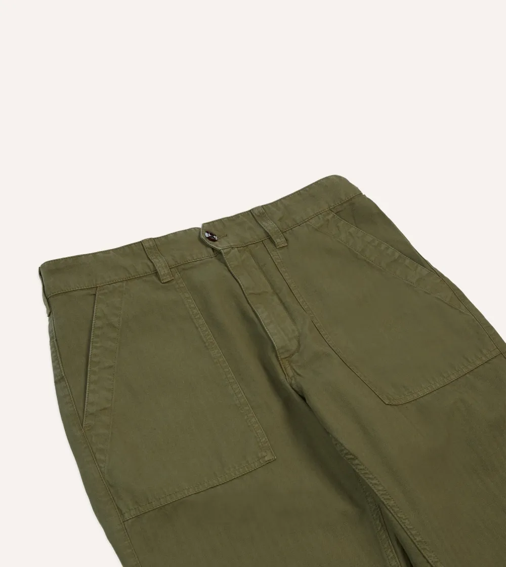 Daily Olive Cotton-Linen Herringbone Fatigue Trouser Casual Style