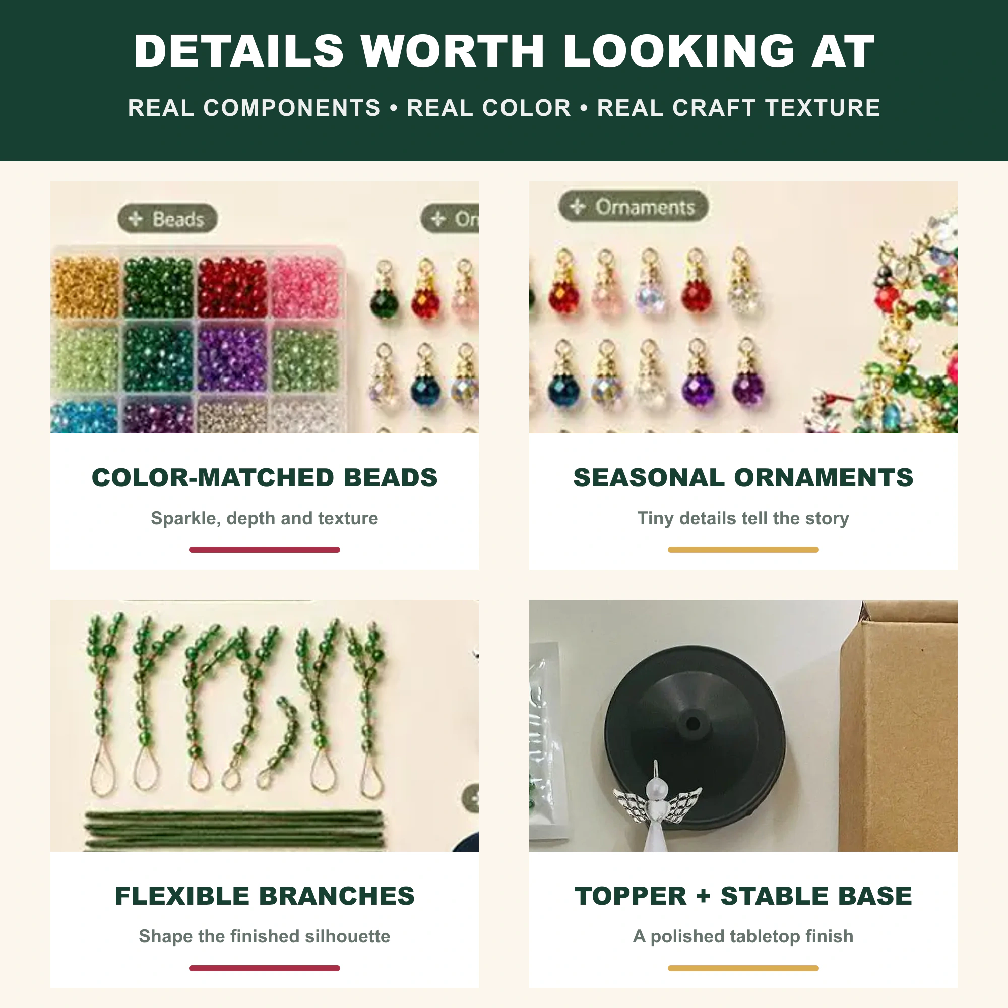 Close-up details of matched beads seasonal ornaments flexible branches angel topper and stable base
