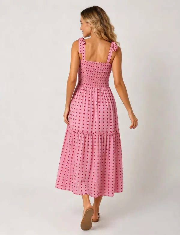 Abstract Smocked Strap Square Neck Midi Dress