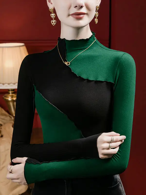 Long Sleeve Curve Fit Contrast Ruffle Trim Panel Detail Mock Neck T-Shirt