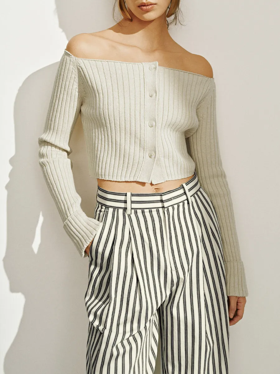 Lady'S Off-The-Shoulder Button-Up And Elegant Knitted Sweater