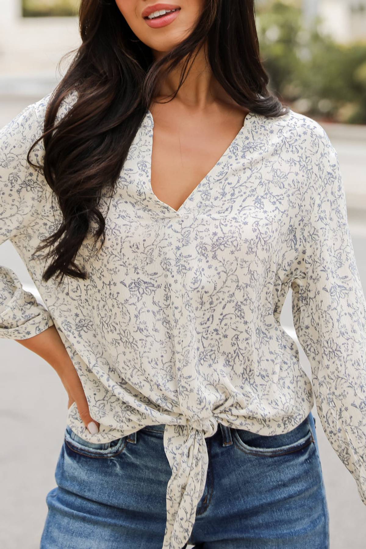 Decadently Sweet Cream Floral Tie-Front Blouse