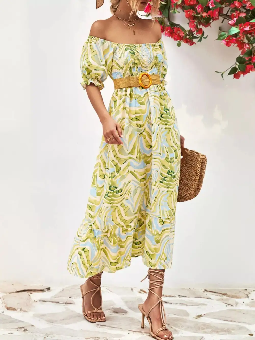 Printed Smocked Puff Sleeve Midi Dress