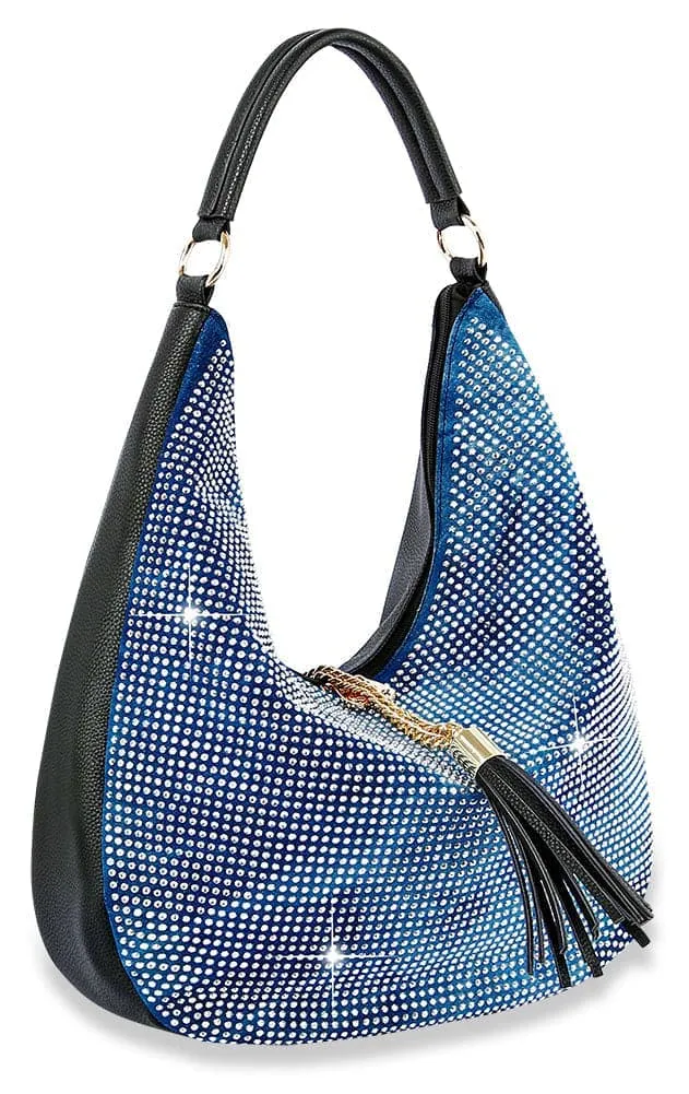 Studded Crystal Accent Tassel Accent Faux Leather Shoulder Bag