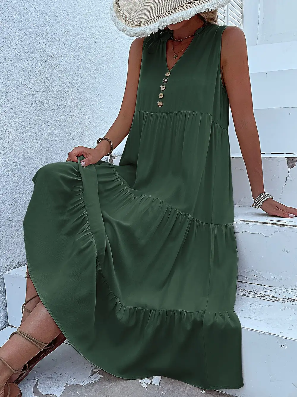 Notch-Neck Buttoned Sleeveless Tiered Midi Dress