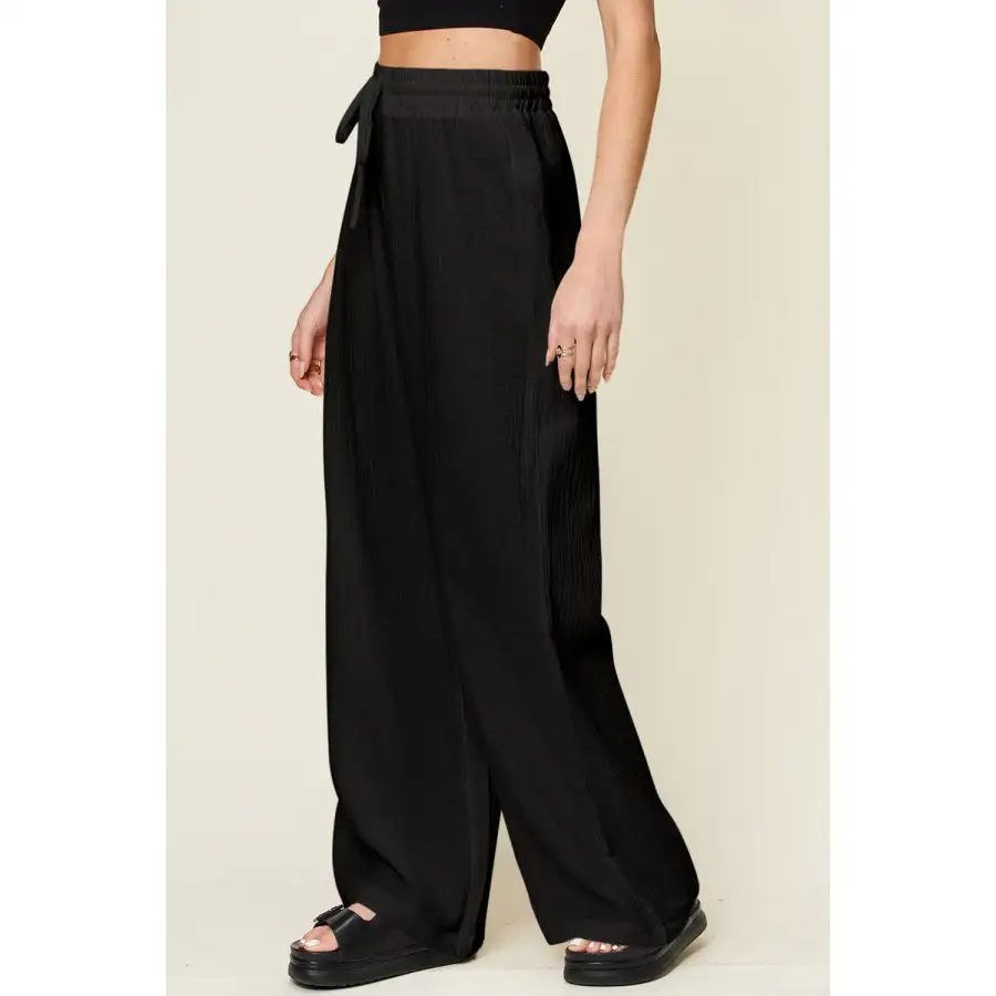 Full Size Texture Drawstring Wide Leg Pants