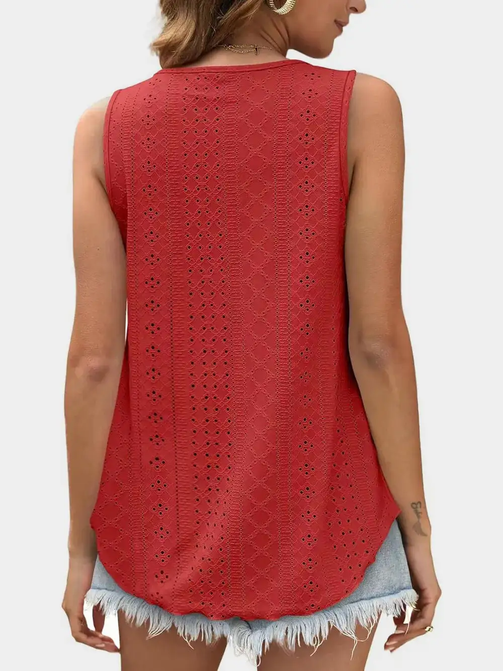 Eyelet Round Neck Tank With Sheer Detail