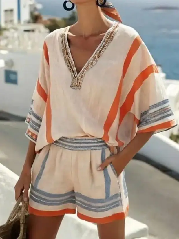 V-Neck Striped Checked Women's Matching Set