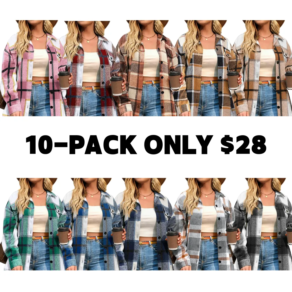 Women's Plus Size Shacket Jacket Flannel Plaid Long Sleeve Button Down Shirts Casual Fall Blouses Tops Winter Coats Winter Holiday