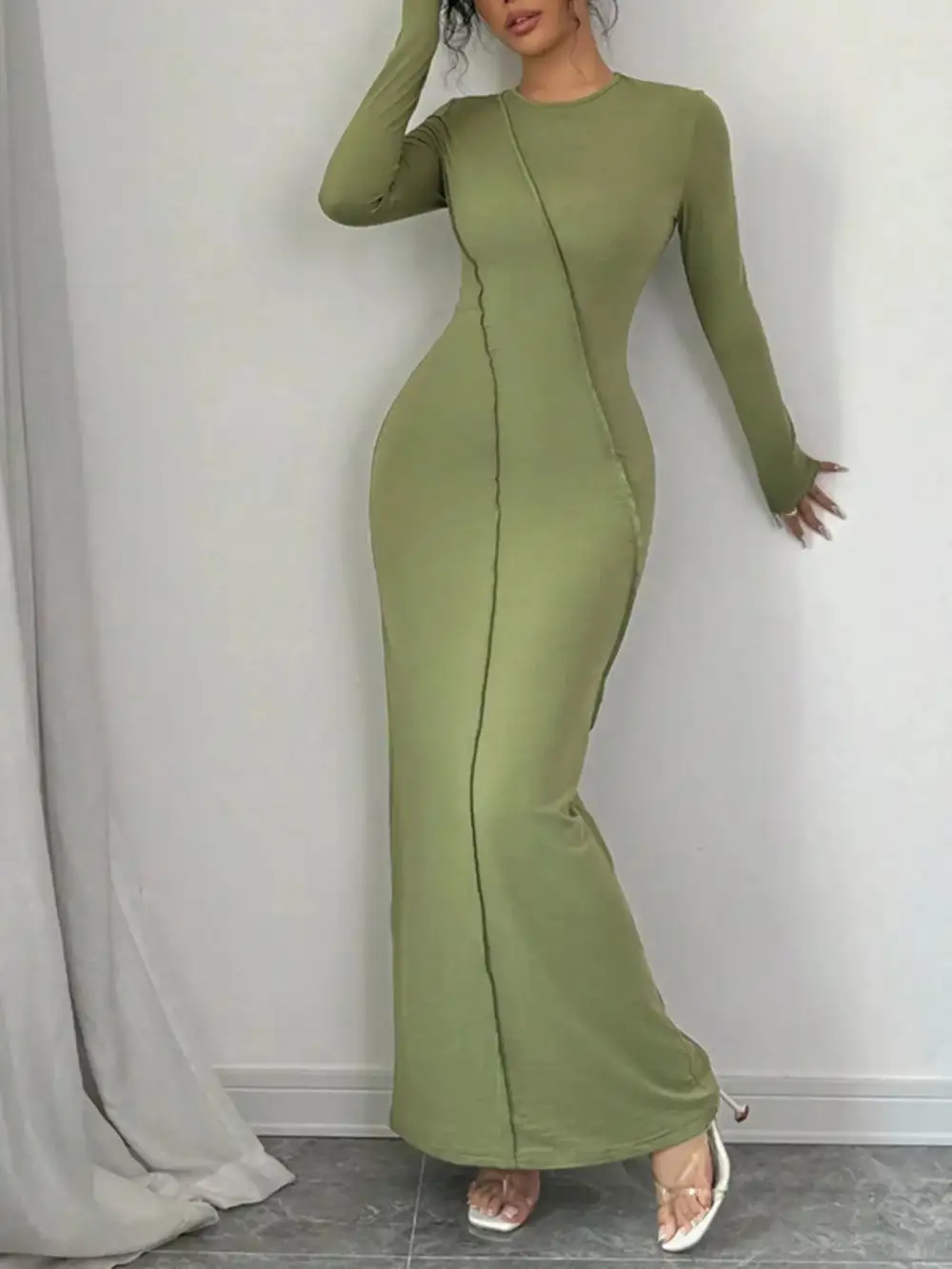Textured Detail Long Sleeve Maxi Dress
