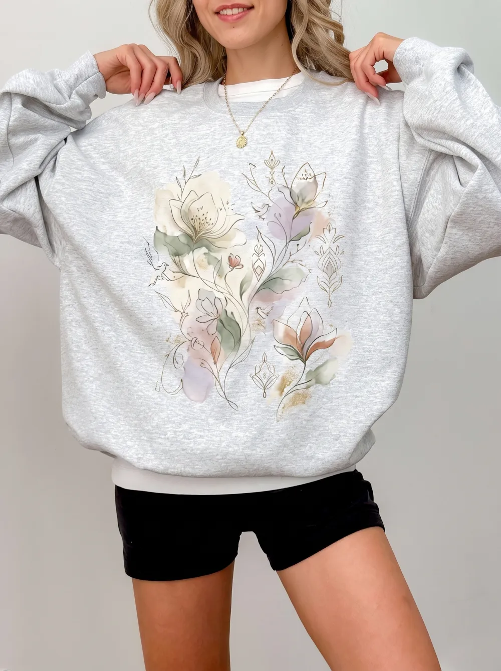 Women's Botanical Floral Art Watercolor Printed Sweatshirt