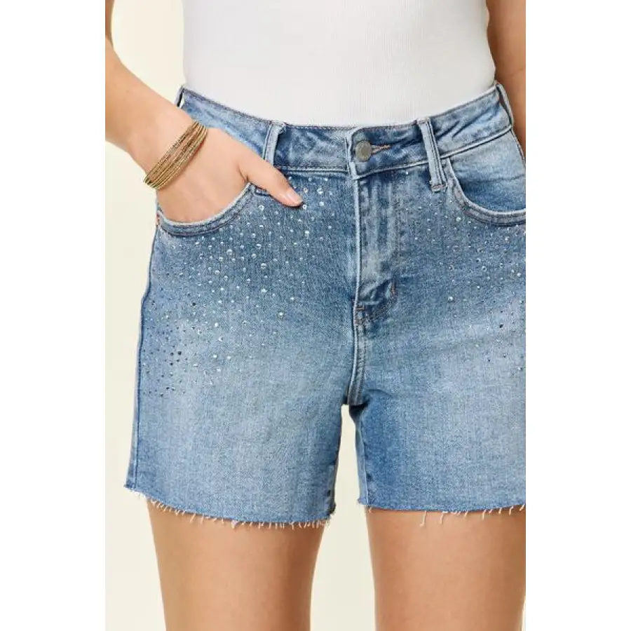 Full Size High Waist Rhinestone Decor Denim Shorts