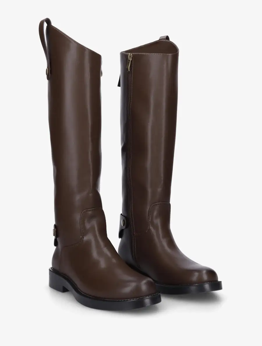 Classic Detailed Block Heel Faux Leather Knee High Boots