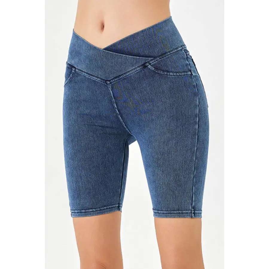 Asymmetrical Waist Denim Shorts with Pockets