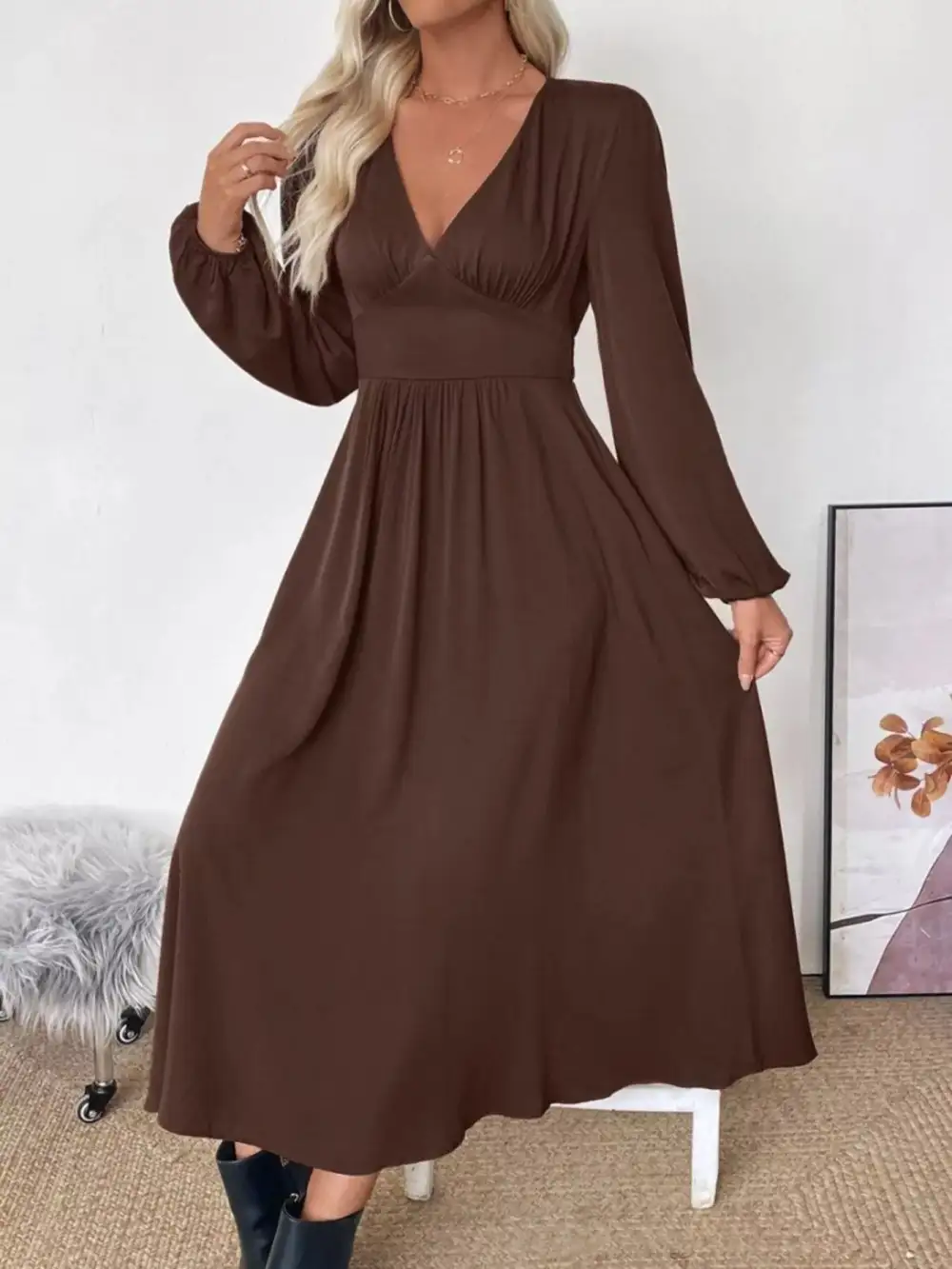 V Neck Long Sleeve Midi Dress