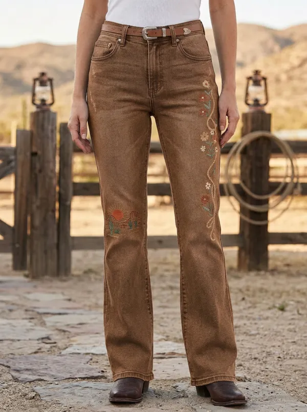 Women's Classic Western Cactus Desert Floral Embroidery Floral Embroidered Jeans
