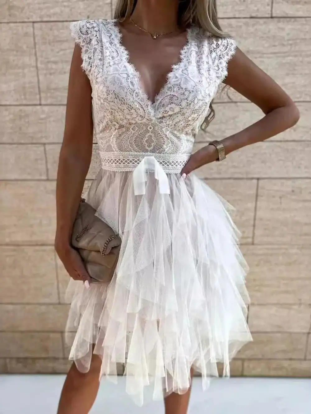 V-Neck Ruffled Lace Trim Midi Dress