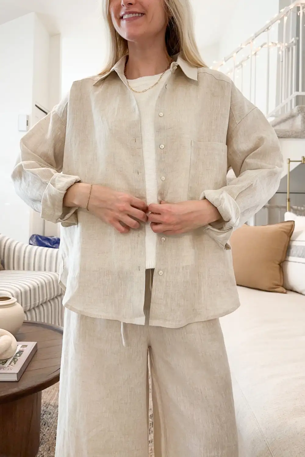 Linen Blend Button Front Button Down Shirt