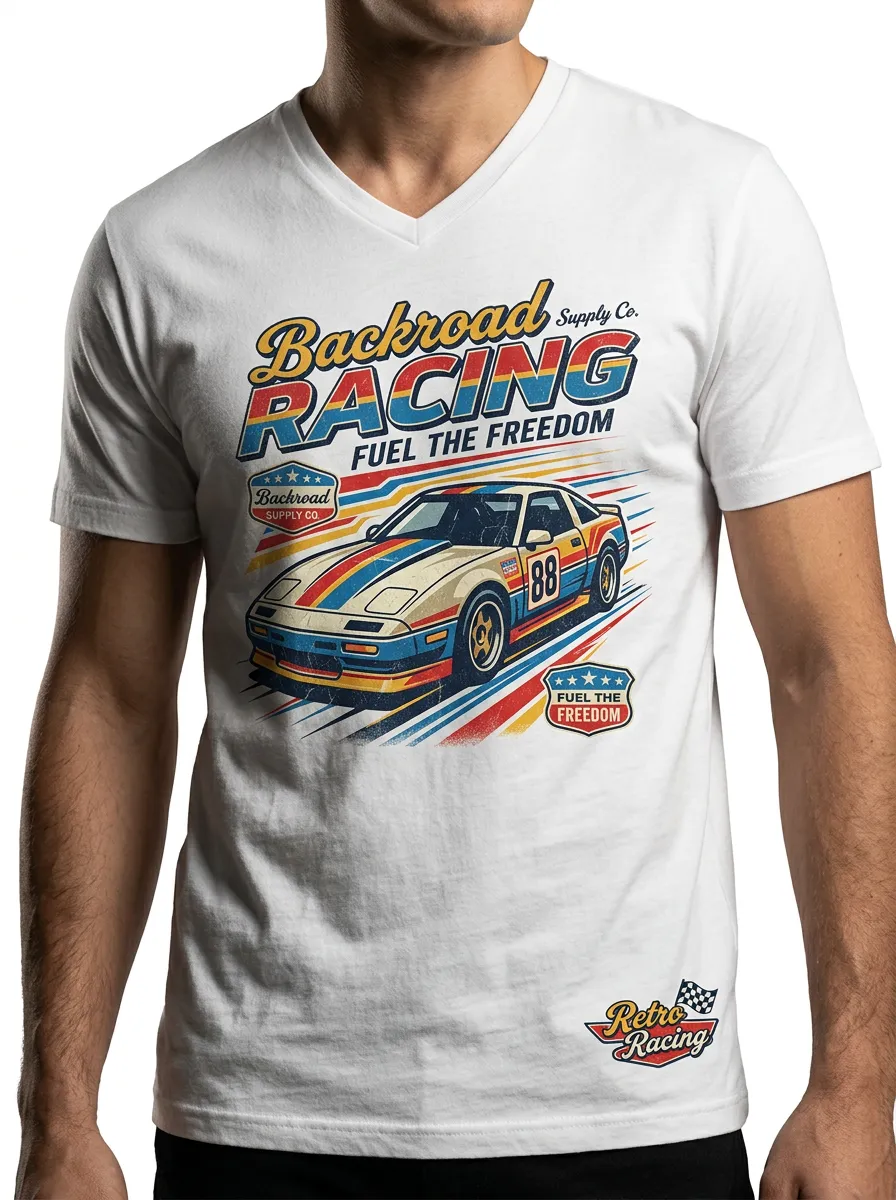 Men's Retro Racing Car Backroad Supply Printed V-Neck T-Shirt