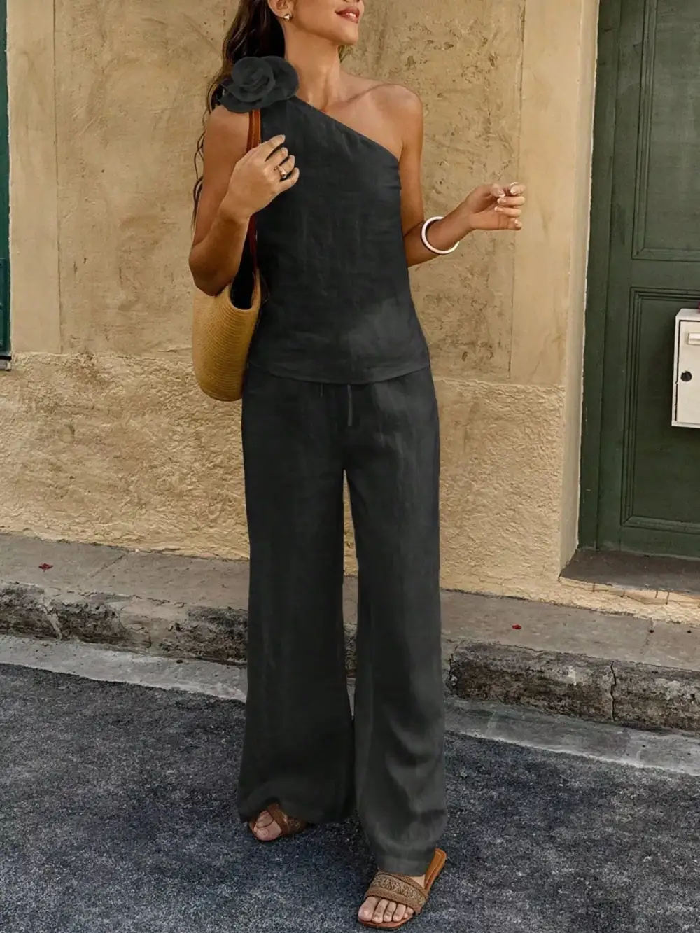 One-shoulder Embellished Top and Pants Set