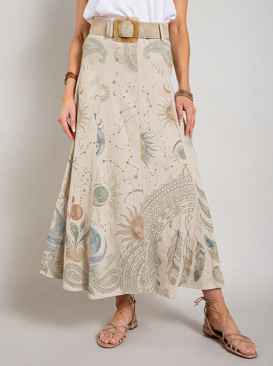 Women's Celestial Boho Sun Moon Paisley Printed Midi Skirt