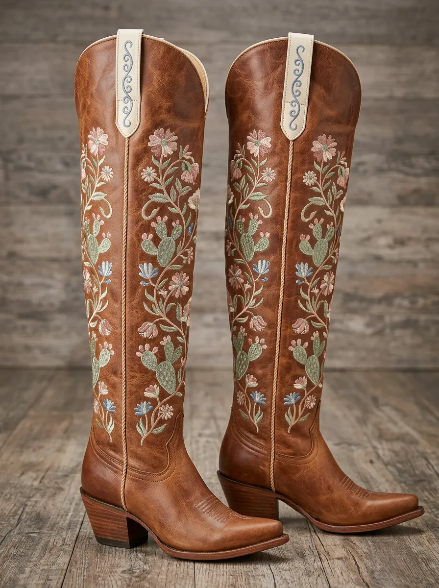Women's Western Cactus Floral Embroidered Piped Pointed-Toe Denim Over-the-Knee Boots