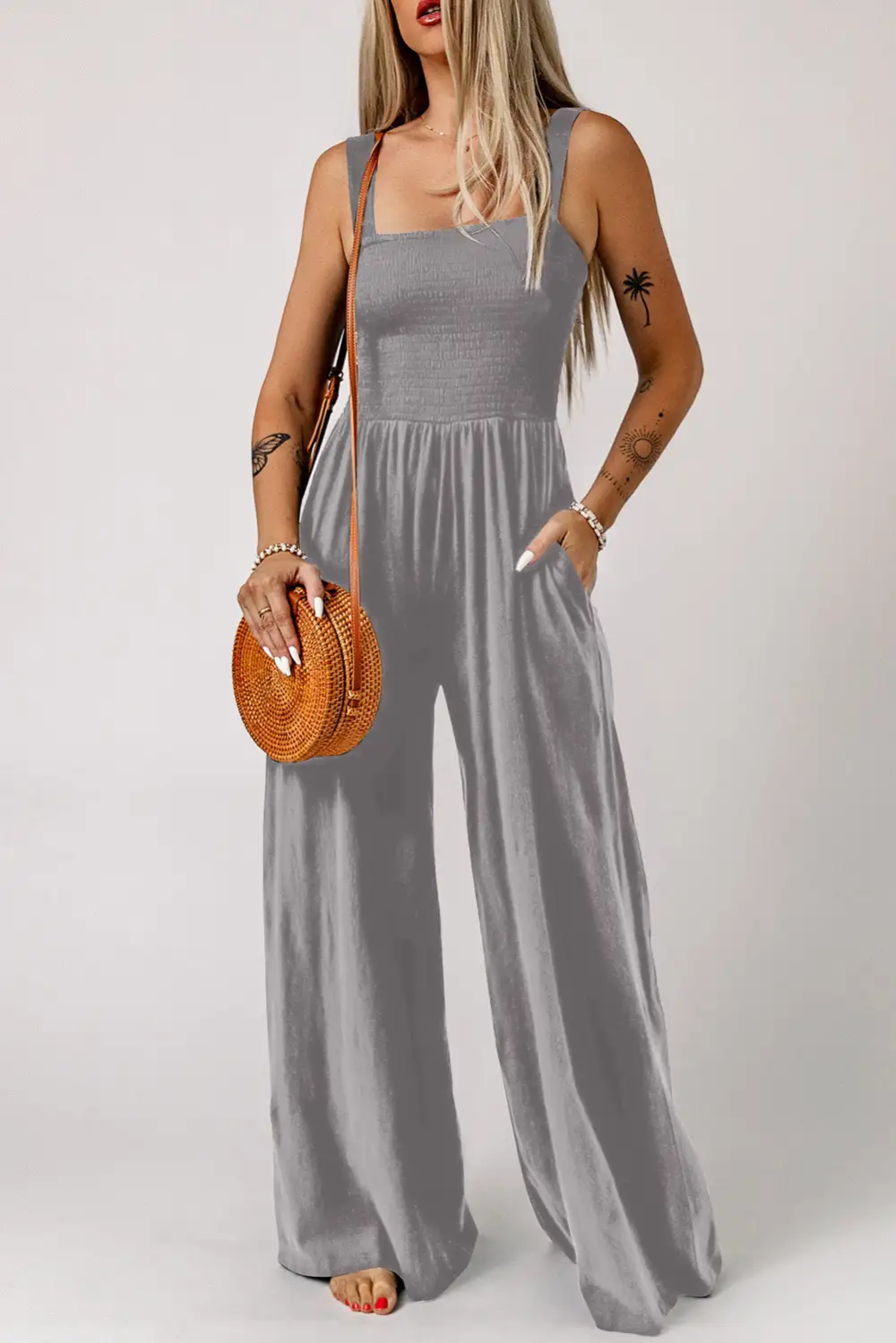 Smocked Square Neck Wide Leg Jumpsuit