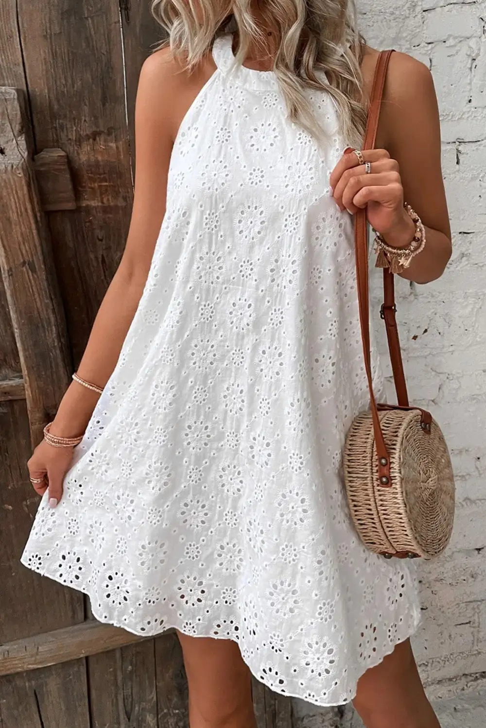 Eyelet Detail Halter Neck Mini Dress