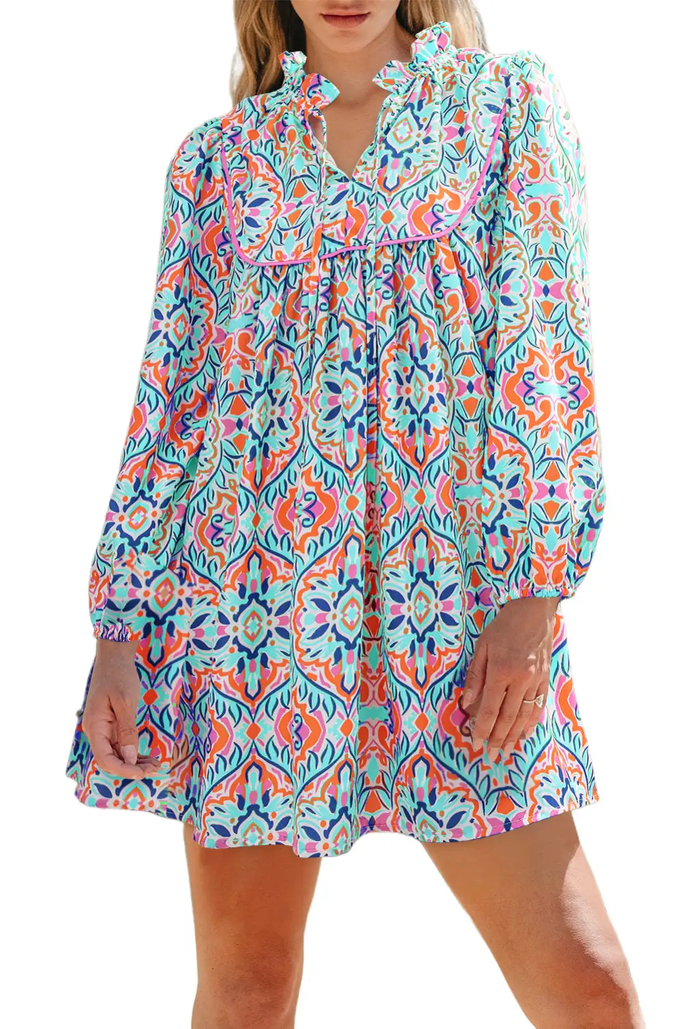 Abstract Print Tie Detail Long Sleeve Mini Dress