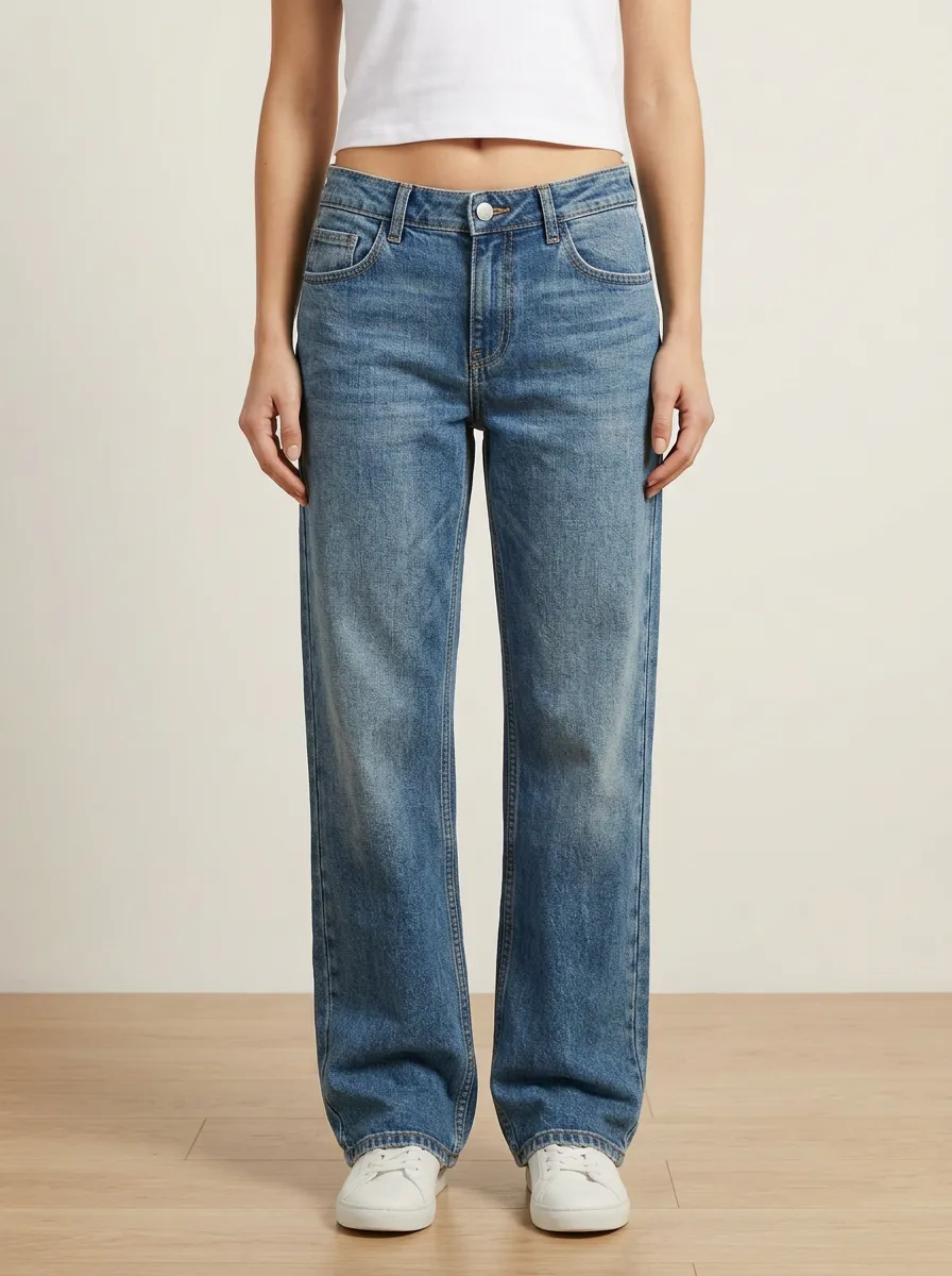 Women's Relaxed Contrast-Stitch Washed Wide-Leg Denim Jeans