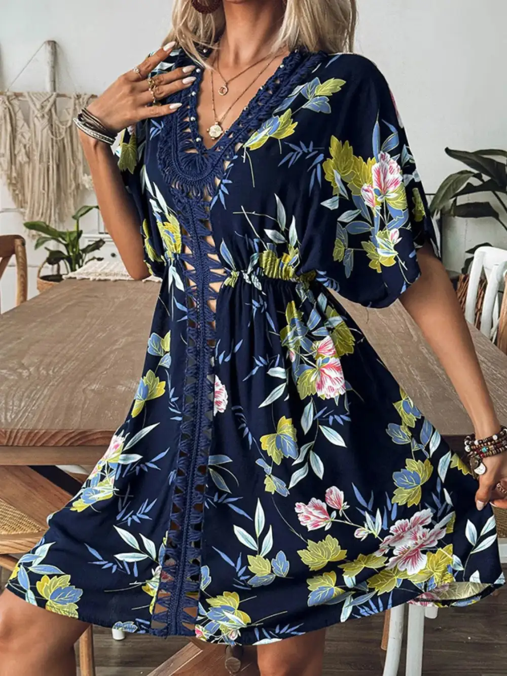 Crochet Front V Neck Printed Swim Cover Up