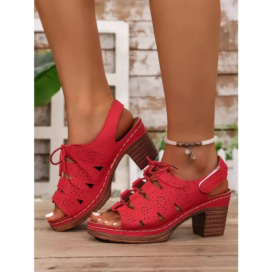 Lace Up Chunky Heel Eyelet Sandals