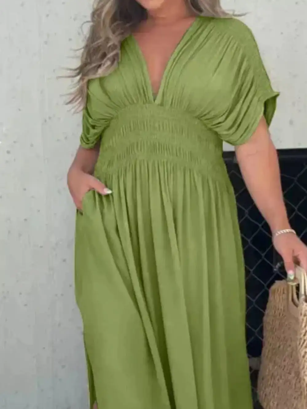 V Neck Smocked Slit Maxi Dress