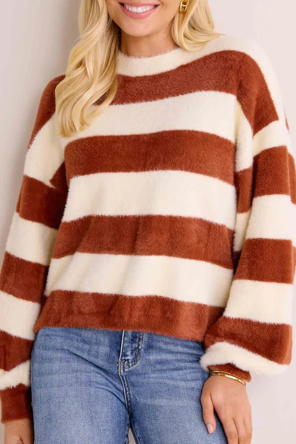 Striped Fuzzy Knit Crew Neck Sweater