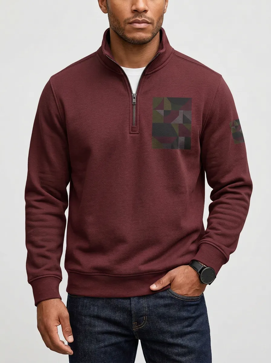 Men's Geometric Pattern Graphic Quarter-Zip-Neck Sweatshirt