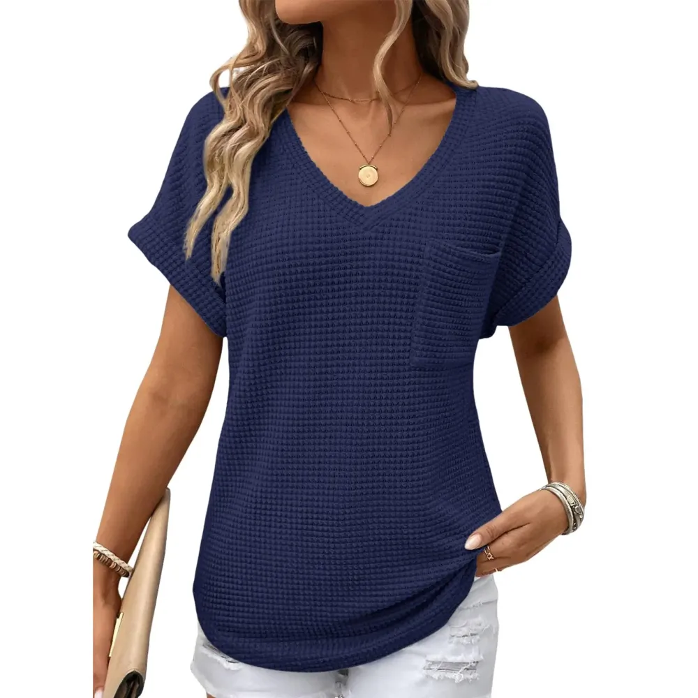Women's Waffle Knit V-Neck Casual Summer Top