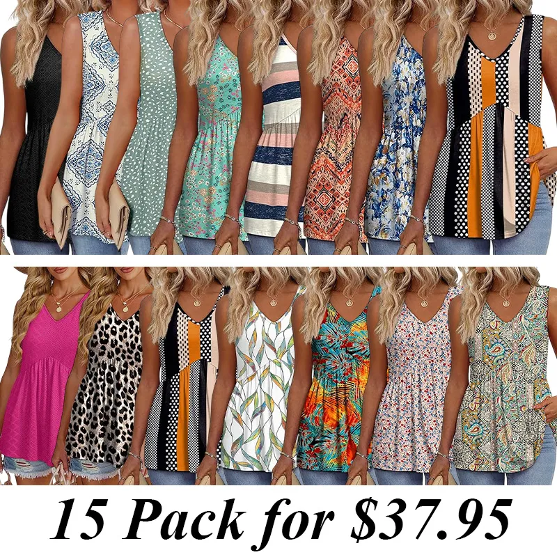 15-PACK Womens Tank Tops 2025 Flowy Peplum Tops For Women Dressy Sleeveless V Neck Babydoll Tank Tops