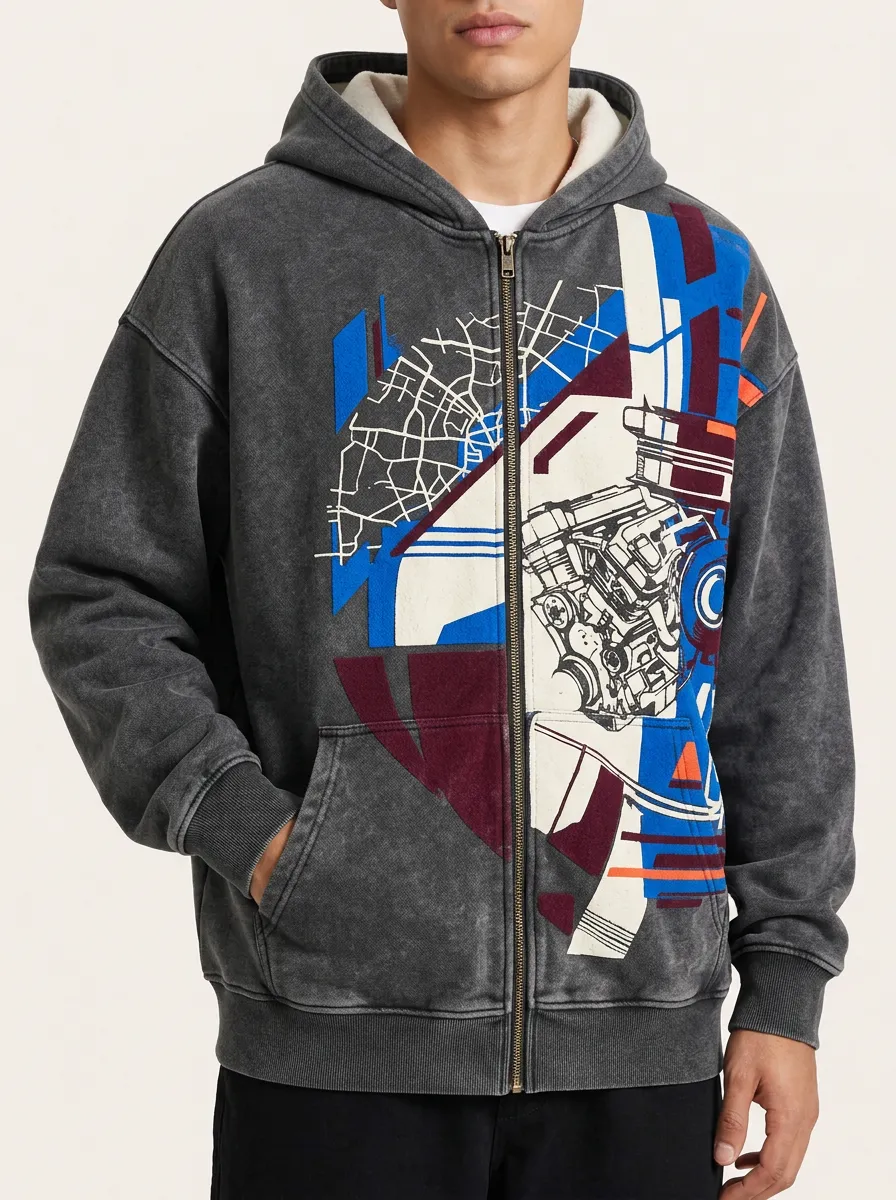 Men's Mechanic Car Engine Map Graphic Printed Zip Up Hoodie