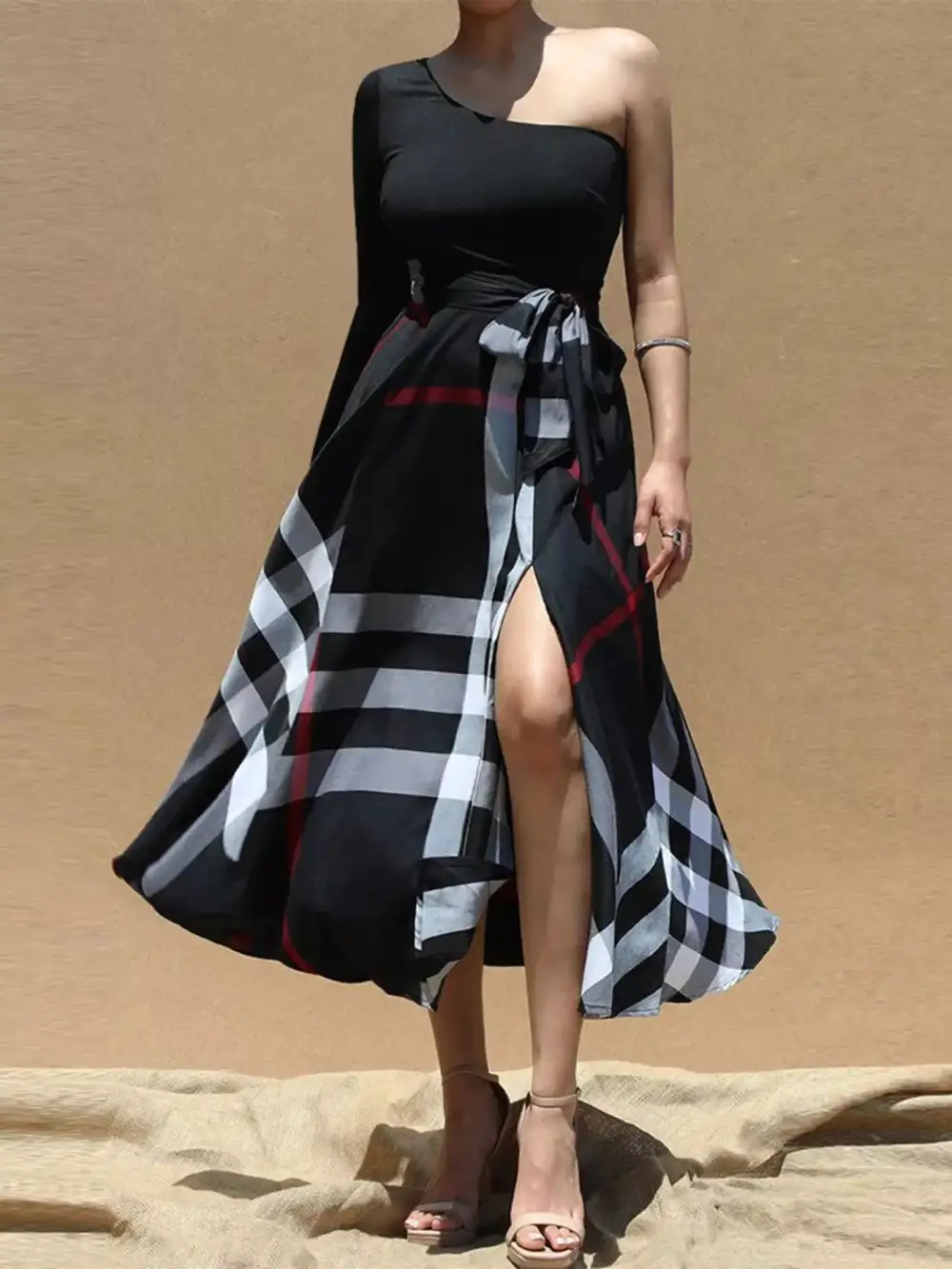 Asymmetrical One-Sleeve Midi Dress with Waist Tie