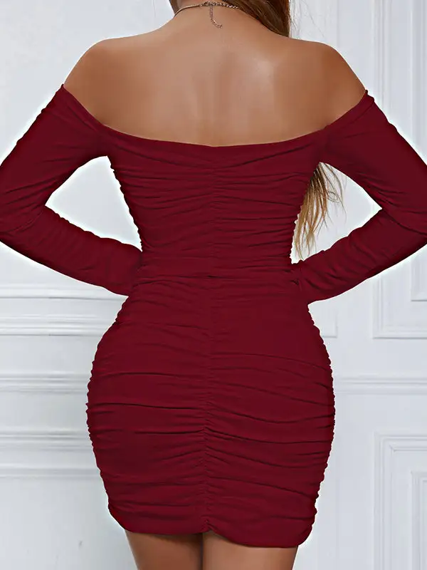 Bodycon Long Sleeve Elasticity Pleated Solid Color Off The Shoulder Mini