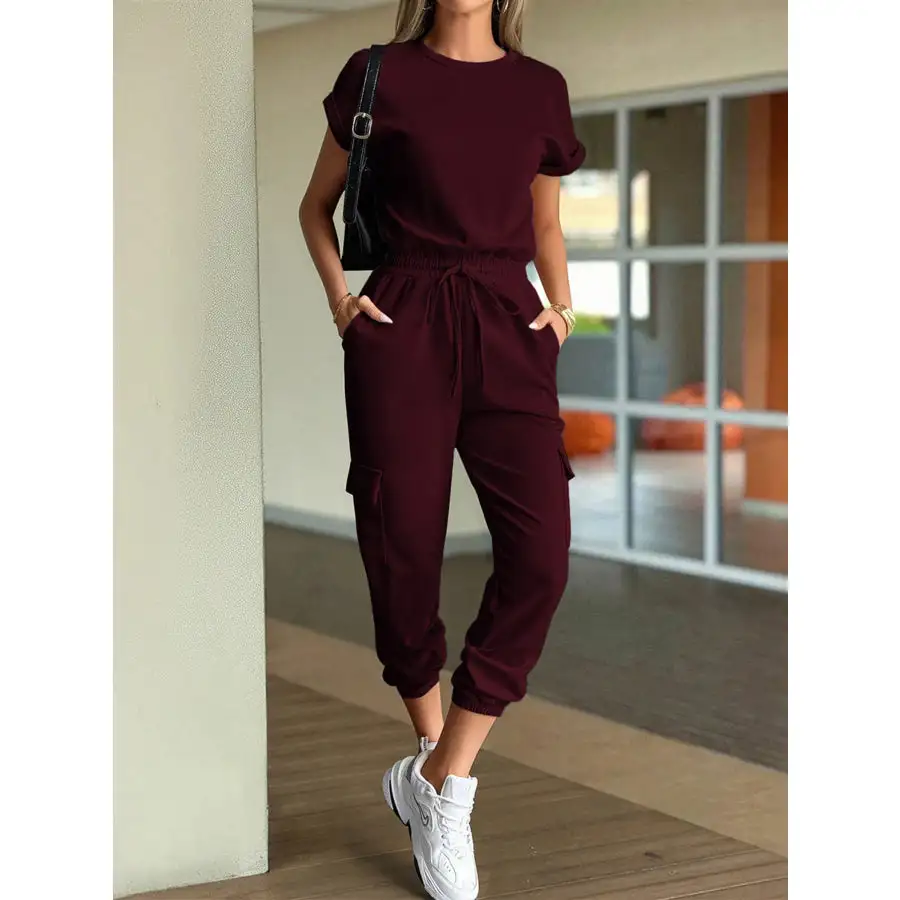 Round Neck Short Sleeve Top and Pants Set