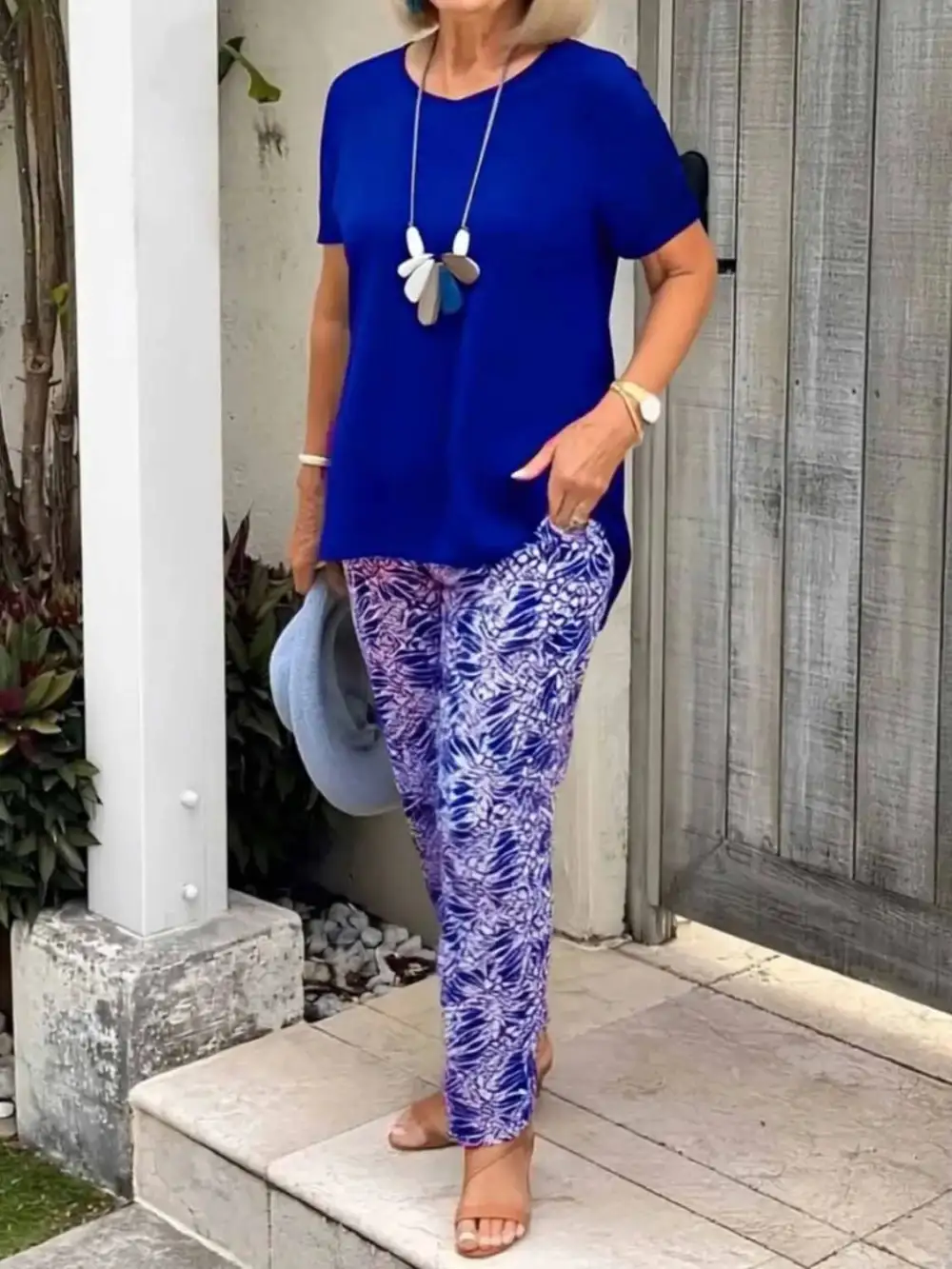 Full Size Round Neck Short Sleeve Top and Pants Set Plus Size Available