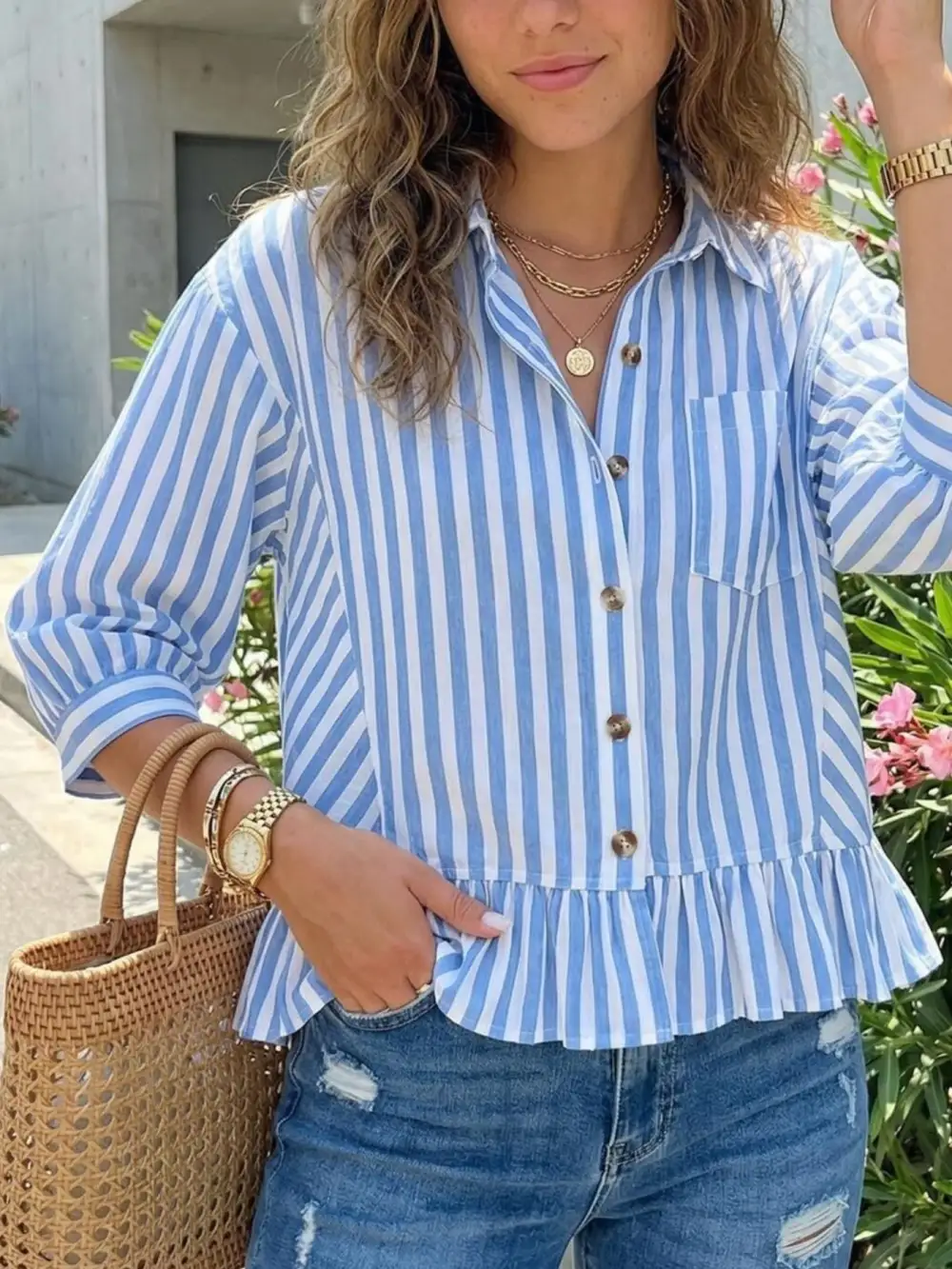 Striped Ruffle Hem Button Down Shirt