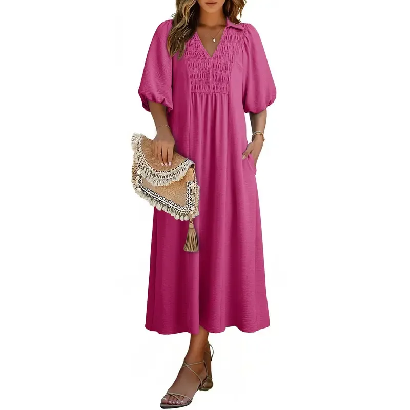 Casual V-neck puff-sleeve high-waist A-line long summer dress